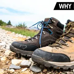 Two hiking boots sit on a rocky trail, ready for an adventure. A perfect hiking fit ensures comfort and support on any terrain.