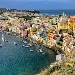 Colorful houses line a harbor filled with boats, a picturesque scene of things to do in Procida.