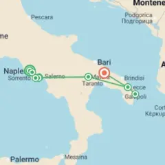 Map showing a route for 10 days in southern Italy, from Naples and Sorrento to Bari, Taranto, Lecce, and Gallipoli.