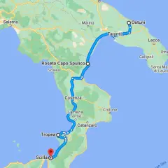 Map showing a road trip route from Naples through Calabria, Italy, passing cities like Cosenza, Tropea, and Scilla.