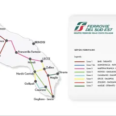 Map showing train routes in Puglia, Italy. Discover how to get to Puglia by train, with lines connecting Bari, Taranto, Lecce, and other towns.