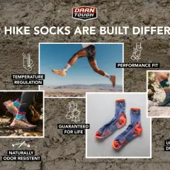 Are hiking socks necessary? This ad shows Darn Tough socks are built different with temperature regulation, moisture wicking, and unmatched durability.