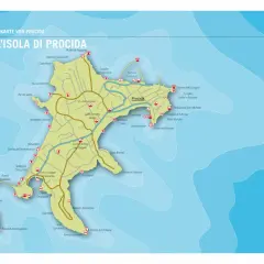 A detailed map of Procida, Italy, showing roads, beaches, lighthouses, and points of interest.