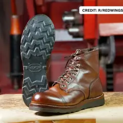 Brown leather boots with a deep-treaded Vibram sole, designed to be non-slip for any adventure.