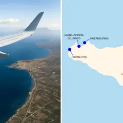 Planning where to fly into Sicily? This image shows an airplane wing over the coast and a map highlighting airports in Palermo (PMO), Trapani (TPS), and Catania (CTA).