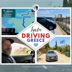 Tips for driving in Greece: navigation, ancient ruins, and scenic routes. Is it easy to drive in Greece? This collage shows diverse landscapes and road signs.