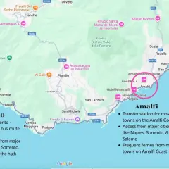 Amalfi Coast towns map highlighting Positano and Amalfi, showing transport links.