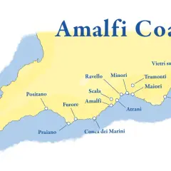 Map of the Amalfi Coast, highlighting towns like Sorrento, Positano, Amalfi, and Salerno along the Italian coastline.