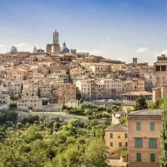 A panoramic view of Siena's historic skyline, a beautiful destination on the journey from Lucca to Siena. The Torre del Mangia tower stands tall amidst terracotta rooftops.