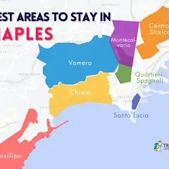 Map of Naples highlighting best areas to stay: Vomero, Chiaia, Posillipo, Centro Storico, Quartieri Spagnoli, Montecalvario, and Santa Lucia.