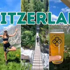 Switzerland collage: coffee & cake, hiker posing, suspension bridge, beer, and mountain vista. Wondering hoeveel km per uur wandel je?