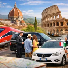 Tourists discuss their travel plans, with a high-speed train, Colosseum, and Florence's Duomo in the background. Should I rent a car in Rome?