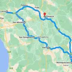 A scenic route map showing a car journey from Rome to Tuscany, passing through Florence, Siena, San Gimignano, Lucca, and Pisa.