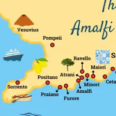 Map of the Amalfi Coast, Italy, showing Naples, Sorrento, Positano, Amalfi, and Salerno.