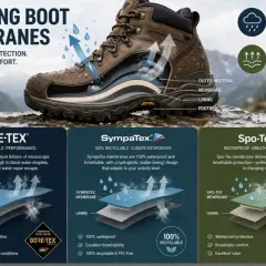 Comparison of walking boot membranes: OutDry vs. Gore-Tex and SympaTex, highlighting waterproof and breathable features for outdoor adventures.