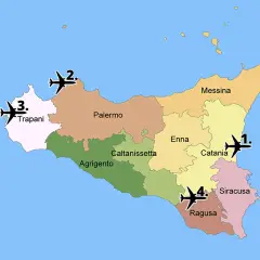 Map of Sicily showing numbered airplane icons near major cities like Palermo, Trapani, Catania, and Messina.