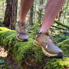 These tan hiking shoes are perfect for exploring moss-covered logs in the forest. You can wear hiking shoes everyday for comfort and support on any terrain.