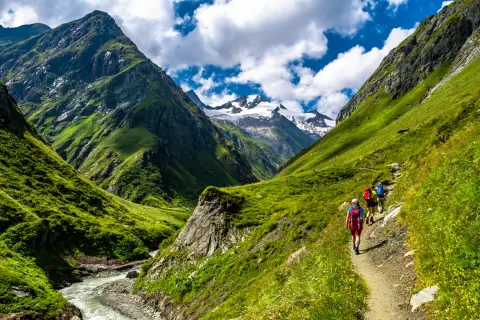 Hikers on a trail amidst lush green mountains, experiencing the beauty of long distance hikes in Europe. Snow-capped peaks loom in the distance.