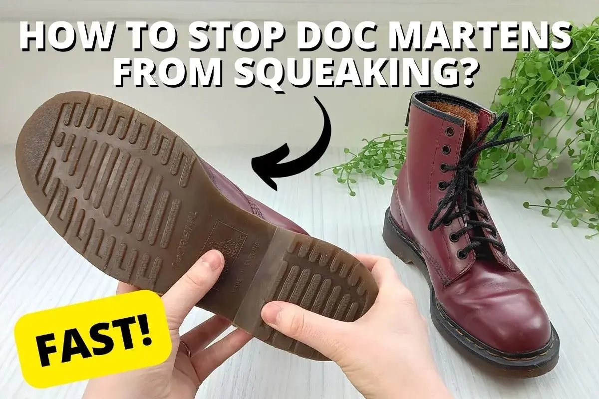 Hands hold a Dr. Martens boot sole, showing how to stop rubber soles from squeaking. A red boot is in the background.