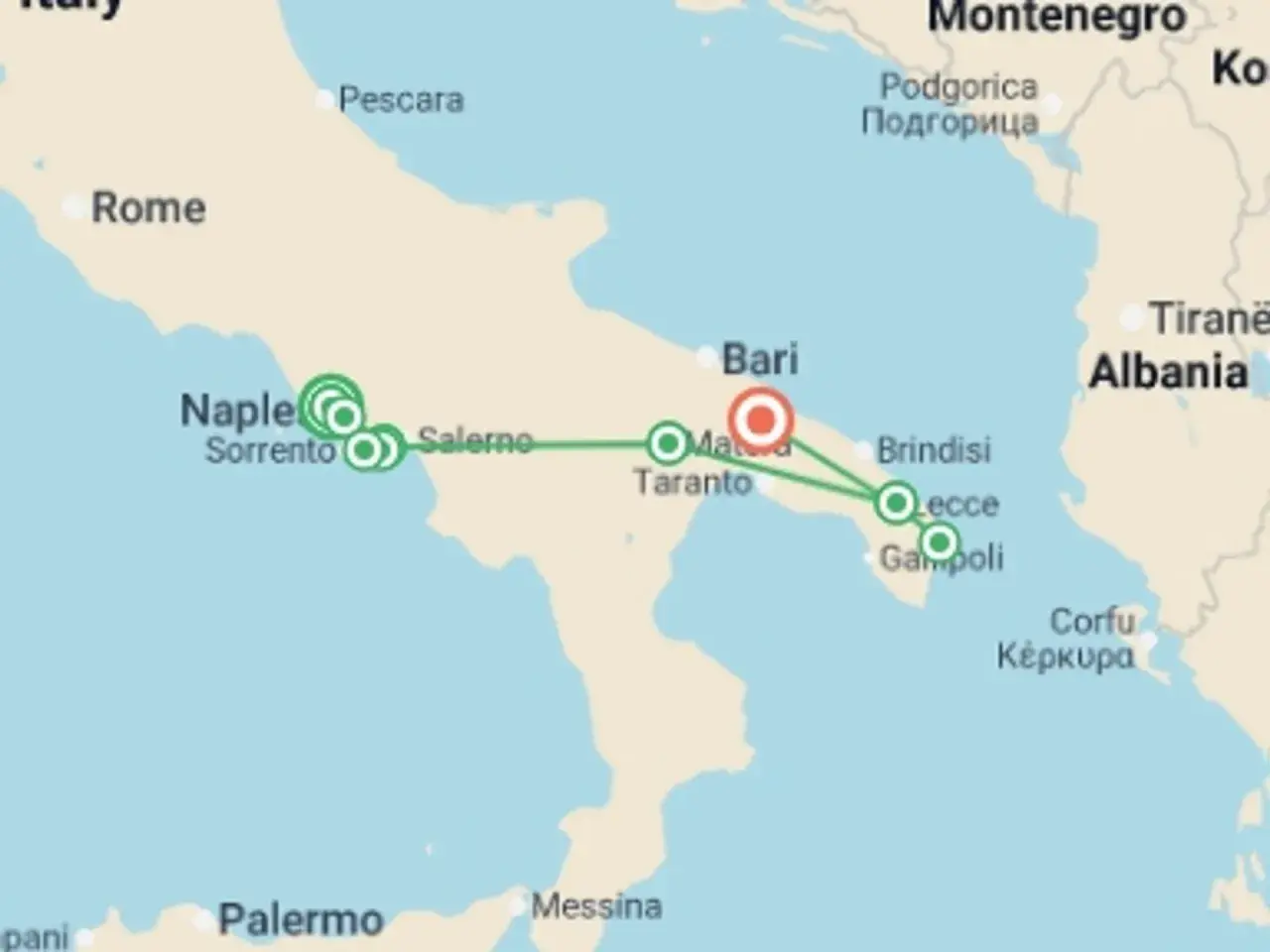 Map showing a route for 10 days in southern Italy, from Naples and Sorrento to Bari, Taranto, Lecce, and Gallipoli.