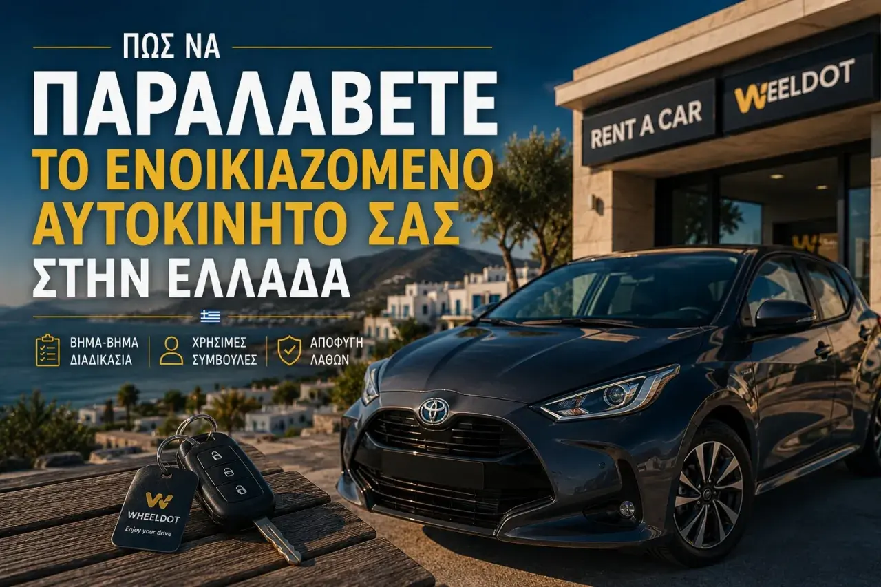 Car keys and a dark grey car parked outside a "Rent a Car" office. Learn about renting a car in Greece requirements.