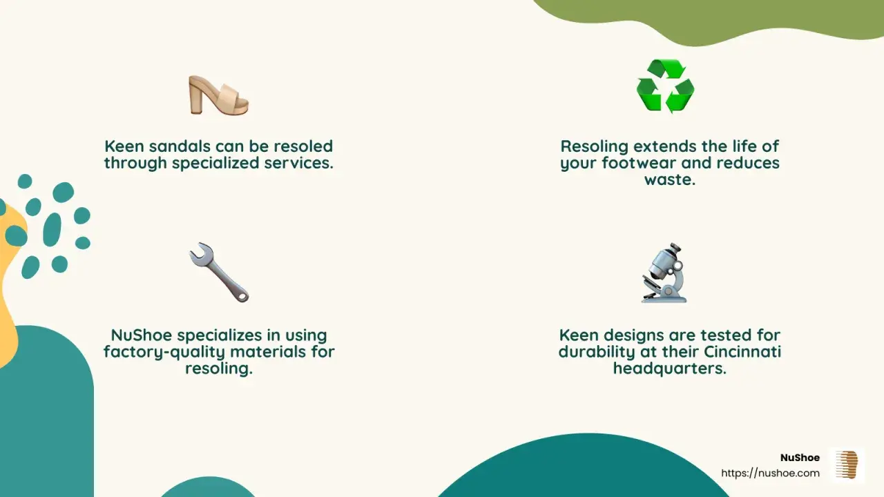 Keen sandals can be resoled. Resoling extends footwear life, reduces waste. NuShoe uses factory-quality materials. Keen designs are tested for durability.