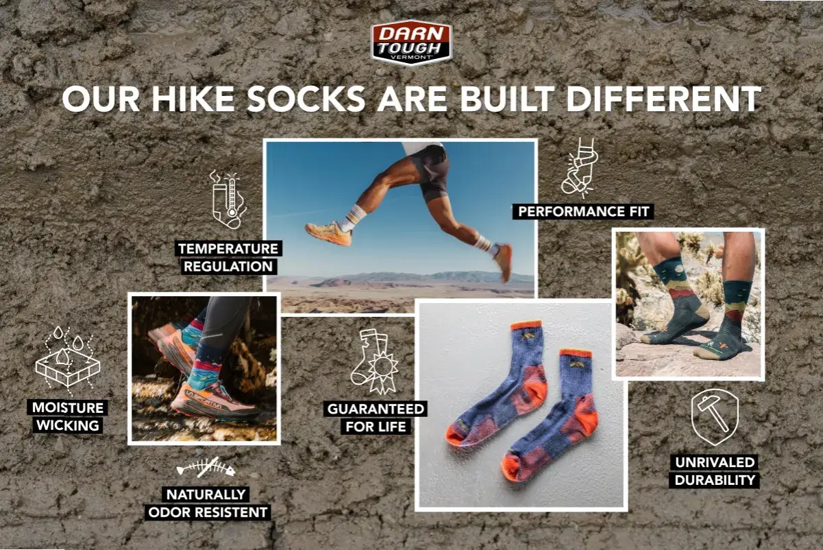 Are hiking socks necessary? This ad shows Darn Tough socks are built different with temperature regulation, moisture wicking, and unmatched durability.