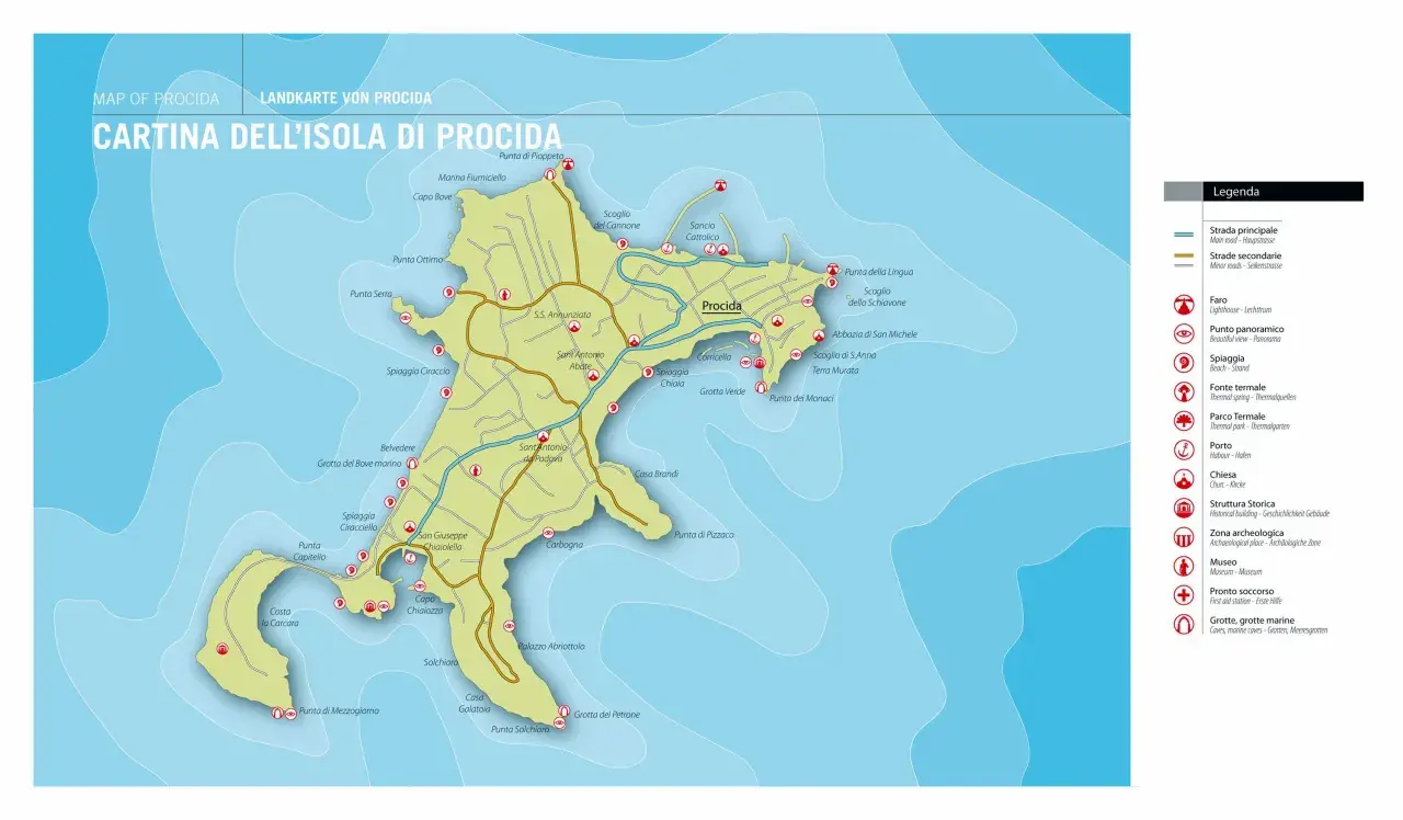 A detailed map of Procida, Italy, showing roads, beaches, lighthouses, and points of interest.