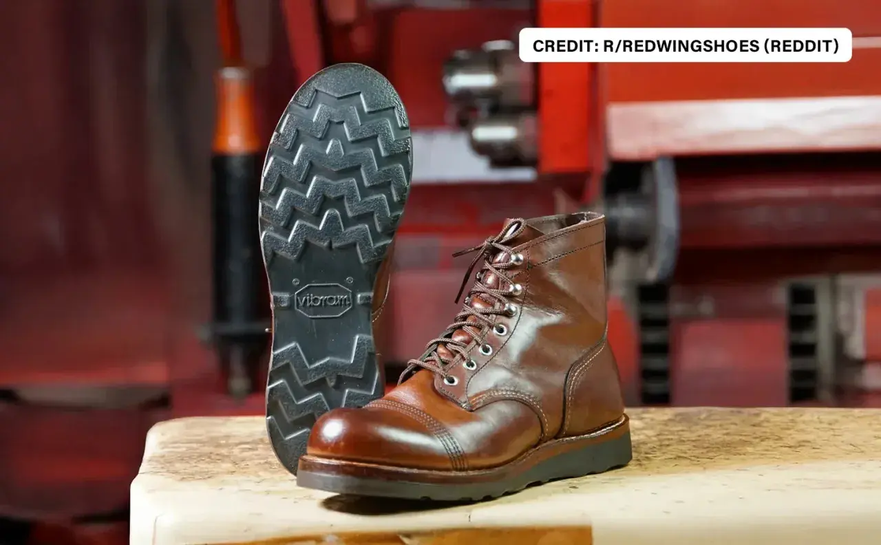 Brown leather boots with a deep-treaded Vibram sole, designed to be non-slip for any adventure.