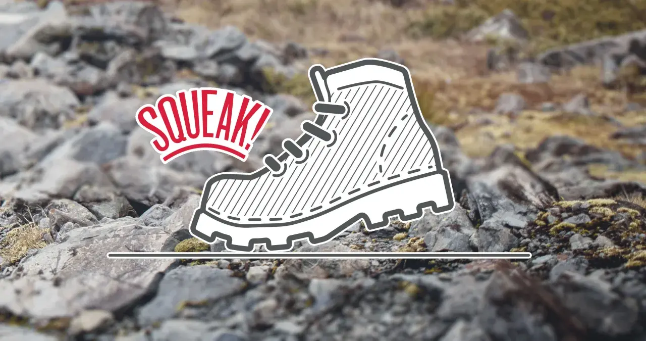 Illustration of a boot with "SQUEAK!" text, hinting at how to make boots quieter.