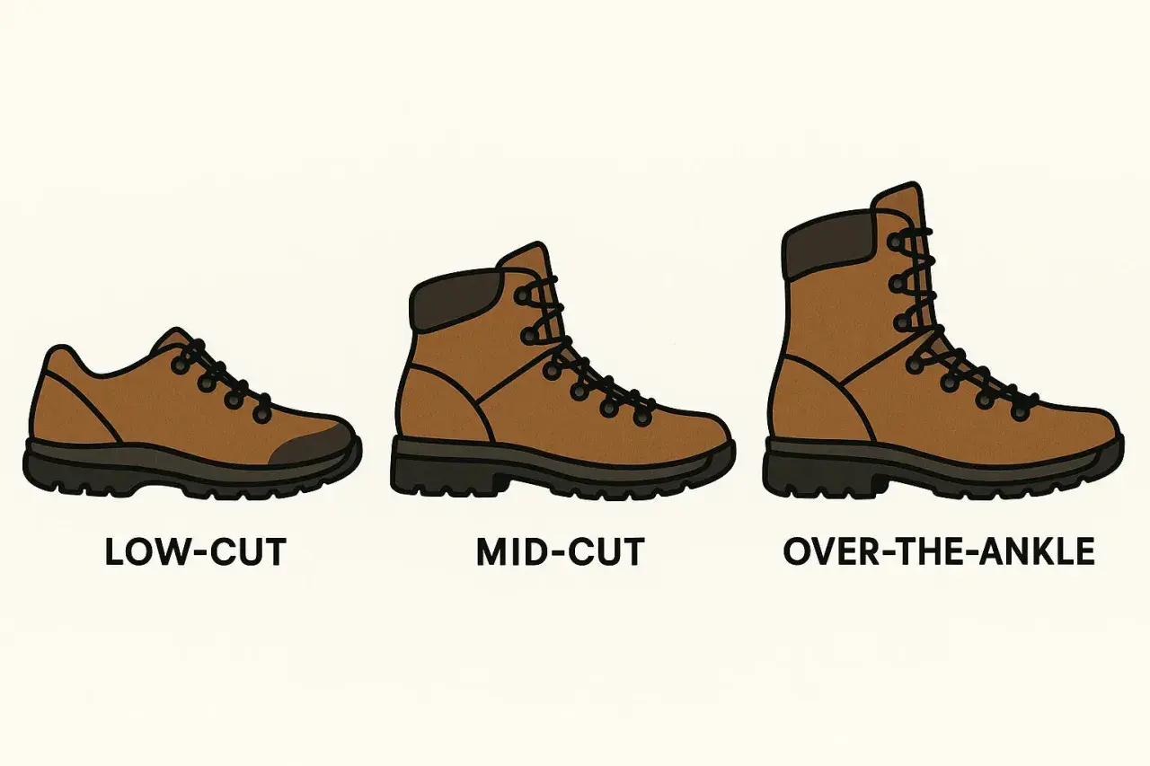 Three brown boots: low-cut, mid-cut, and over-the-ankle. Learn how to find the right boot size for your adventure.
