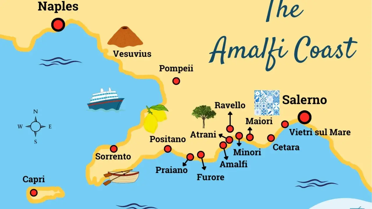 Map of the Amalfi Coast, Italy, showing Naples, Sorrento, Positano, Amalfi, and Salerno.