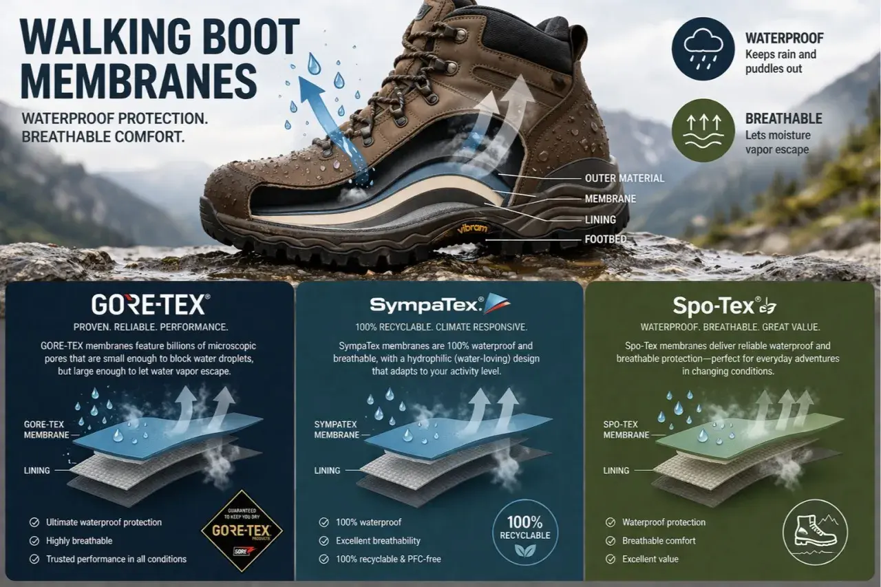 Comparison of walking boot membranes: OutDry vs. Gore-Tex and SympaTex, highlighting waterproof and breathable features for outdoor adventures.