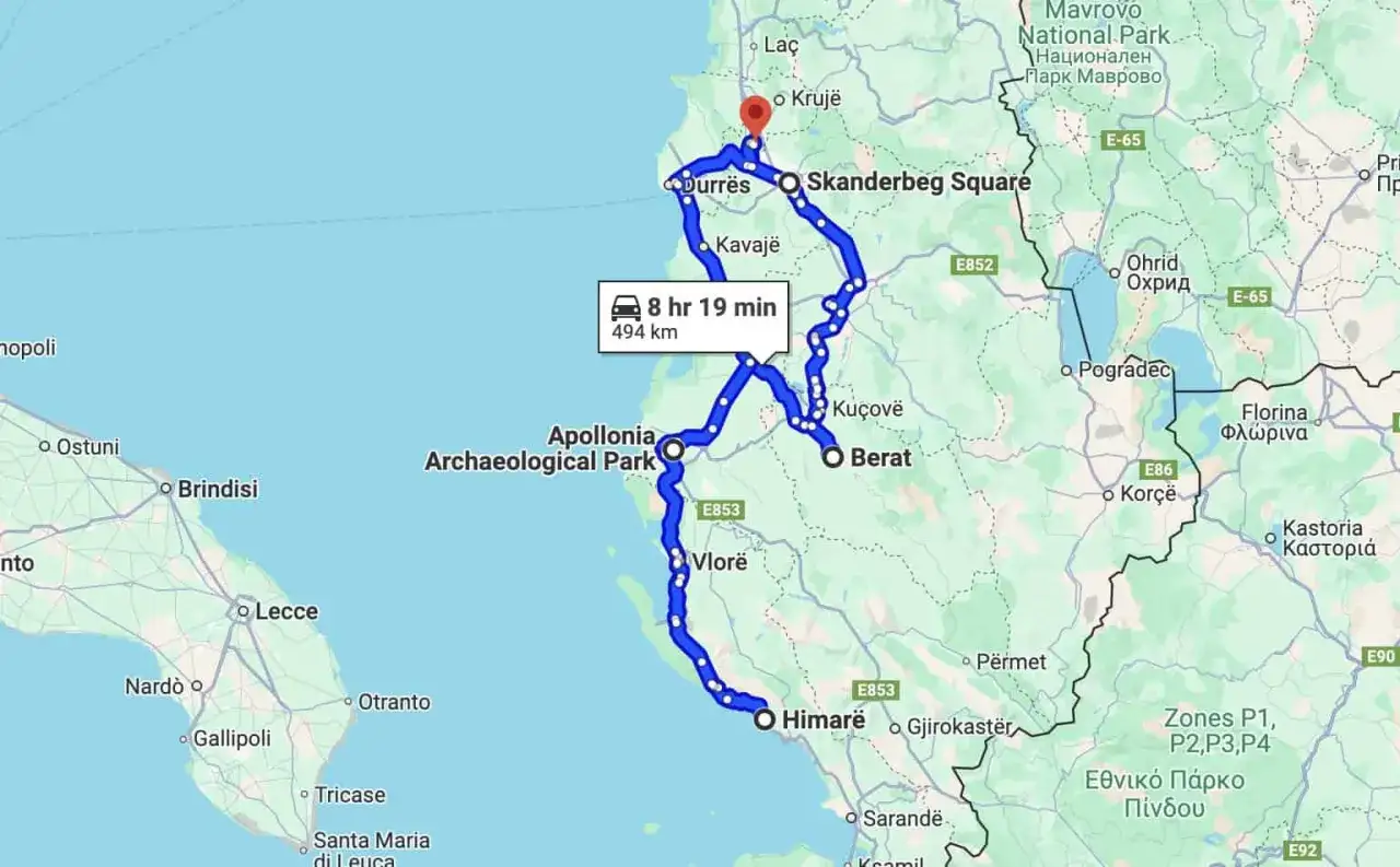 Map showing a 494 km, 8 hr 19 min Albania road trip route, passing through Krujë, Durrës, Apollonia, Vlorë, Himarë, Berat, and Ohrid.