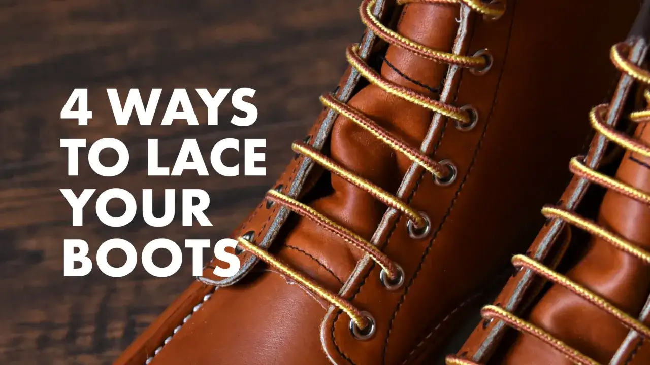 Close-up of brown leather boots showcasing cool boot lace patterns and the text