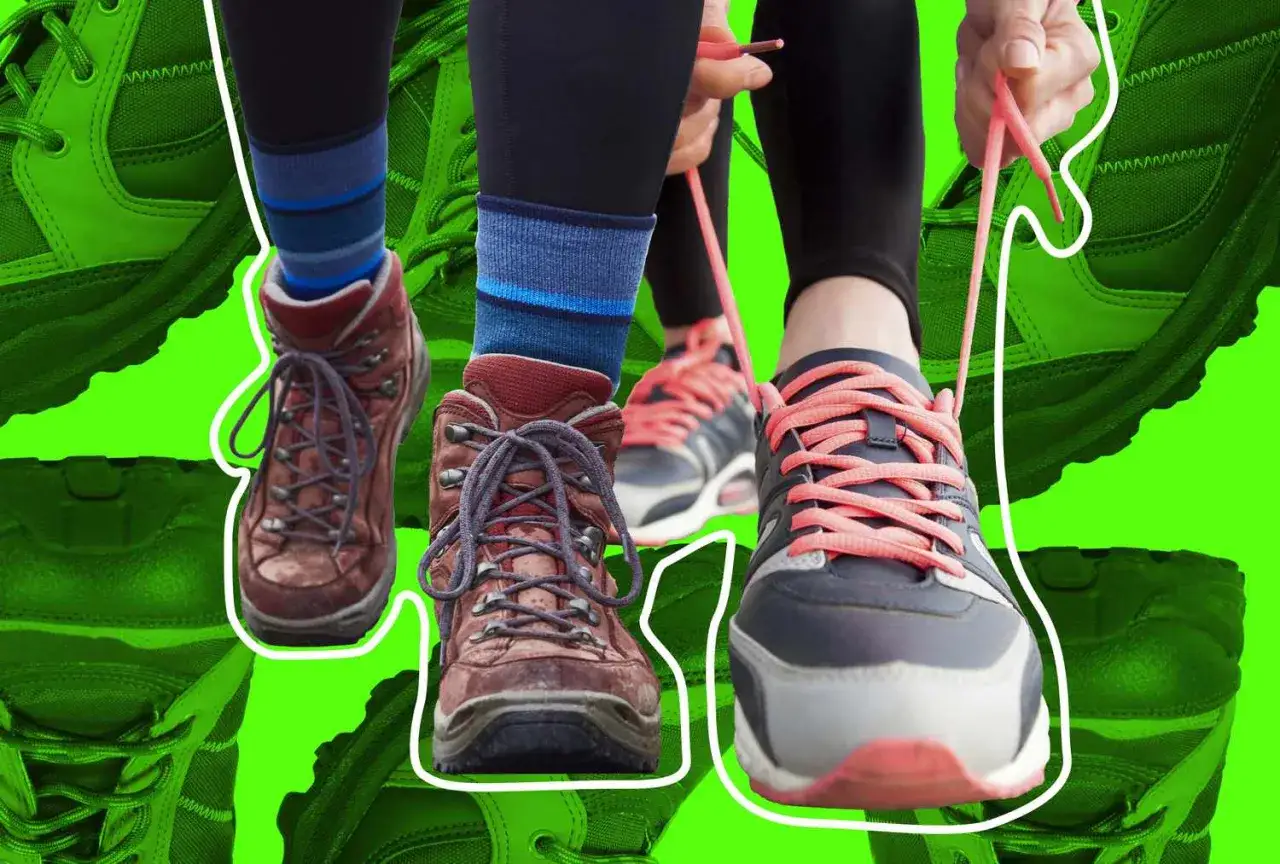 Lacing up trekking shoes for an adventure. The image showcases various footwear, from sturdy hiking boots to athletic sneakers, all ready for the trail.