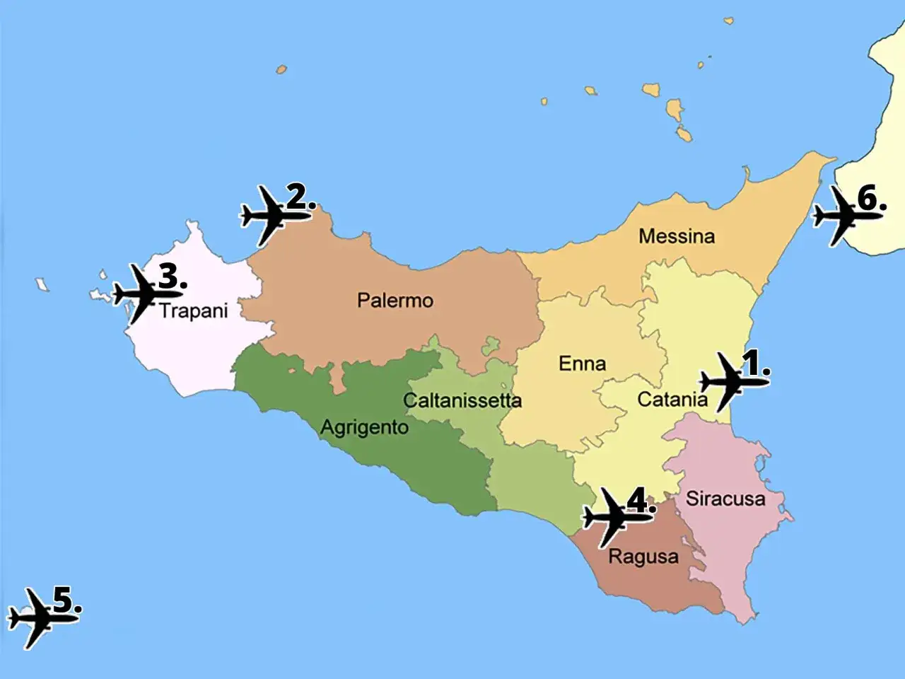 Map of Sicily showing airports. Consider flying into Catania (1), Palermo (2), Trapani (3), or Ragusa (4) for your trip. Other options include airports near Messina (6) and off the coast (5).