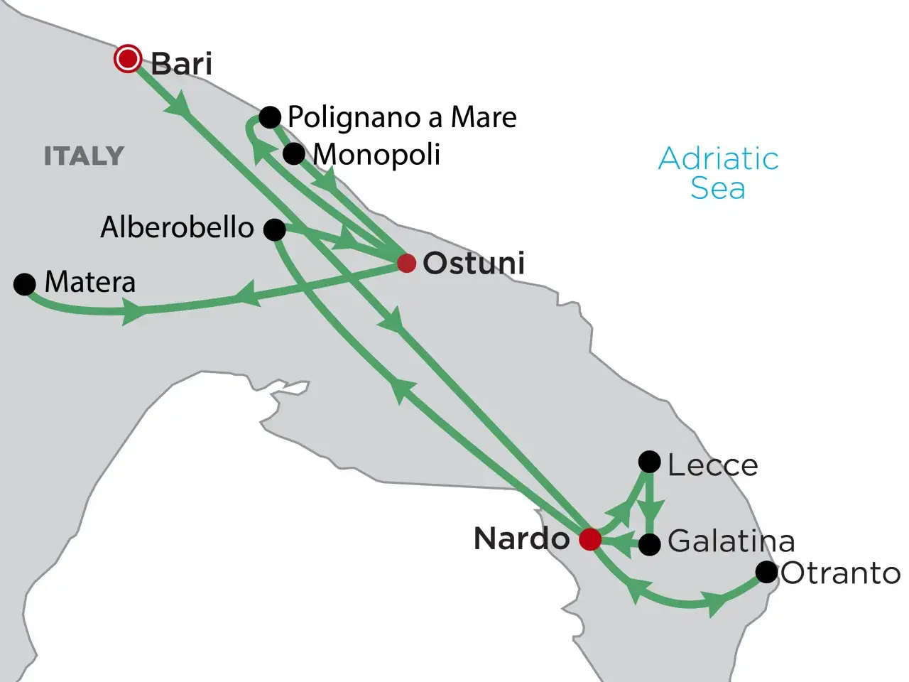 Map of Puglia, Italy, showing routes from Bari airport to Ostuni, Lecce, and other towns.