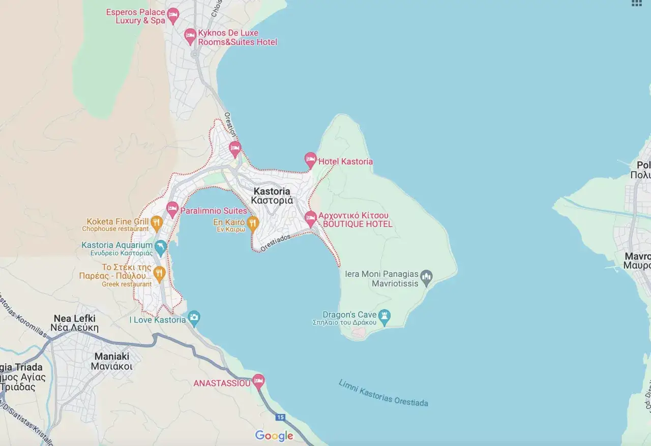 Map of Kastoria, Greece, showing hotels, restaurants, and attractions like Dragon's Cave.