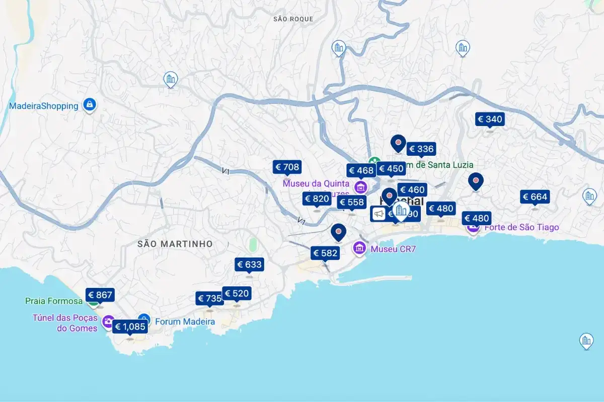Map showing various accommodation options in Madeira with prices, including locations near museums and beaches.