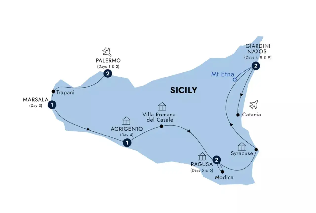 Map of Sicily detailing a two weeks in Sicily itinerary, visiting Palermo, Marsala, Agrigento, Ragusa, Syracuse, Catania, Mt Etna, and Giardini Naxos.