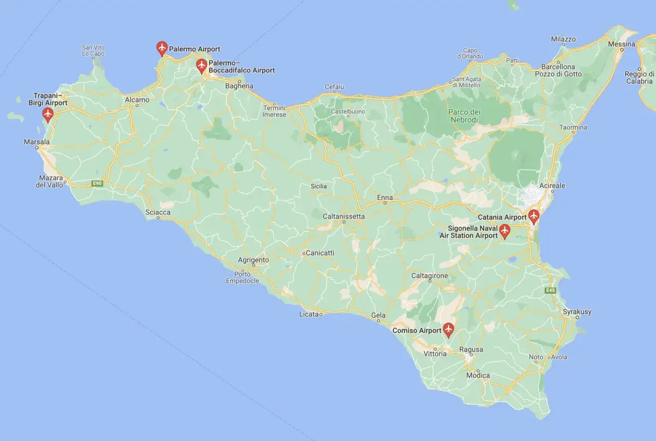 Map of Sicily showing Palermo Airport, Catania Airport, Comiso Airport, and Trapani-Birgi Airport.