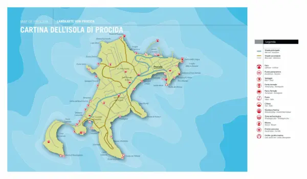 A detailed map of Procida, Italy, showing roads, beaches, lighthouses, and points of interest.